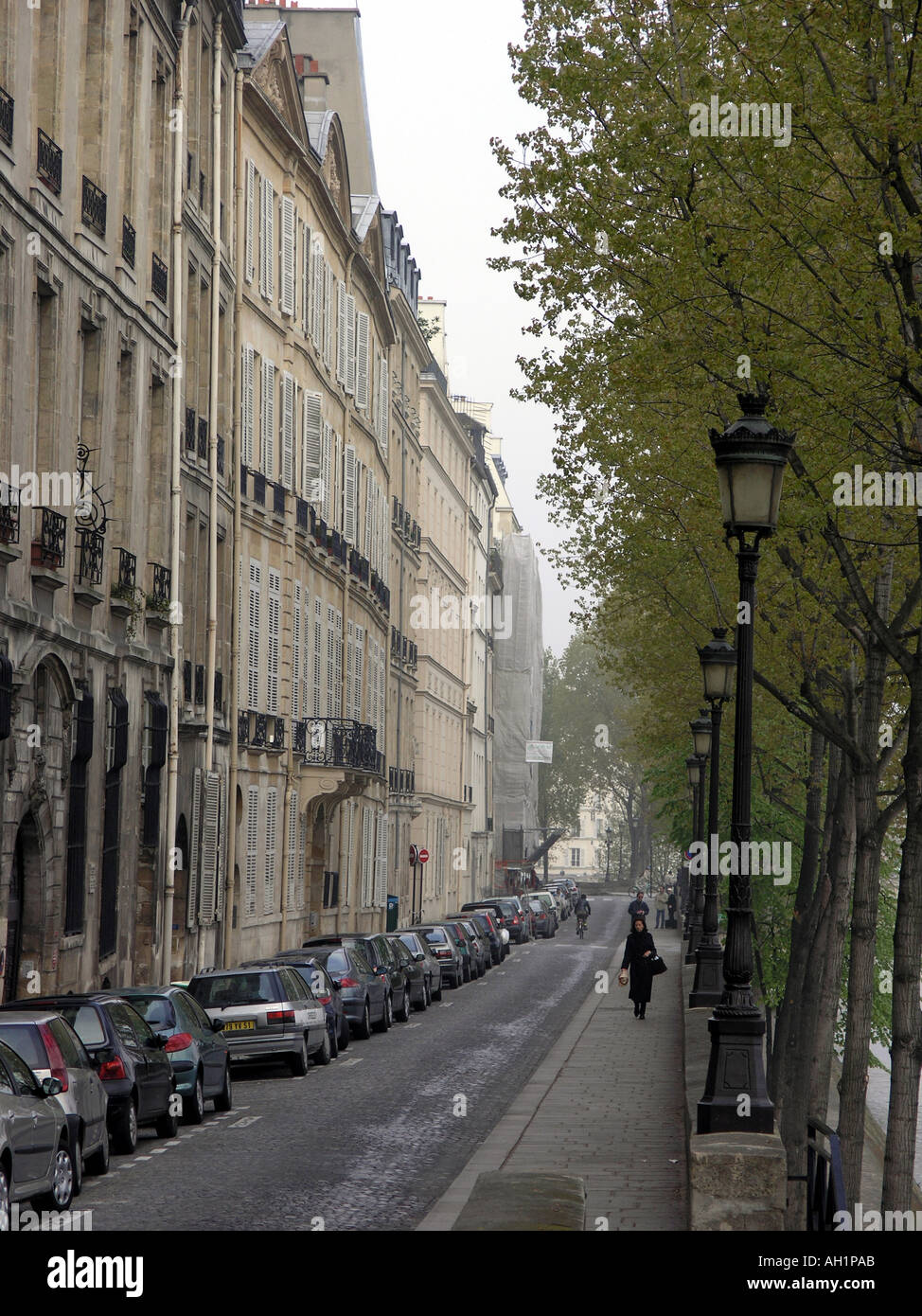 Strada parigina, vista del Quai de Bourbon, Parigi, Francia Foto Stock