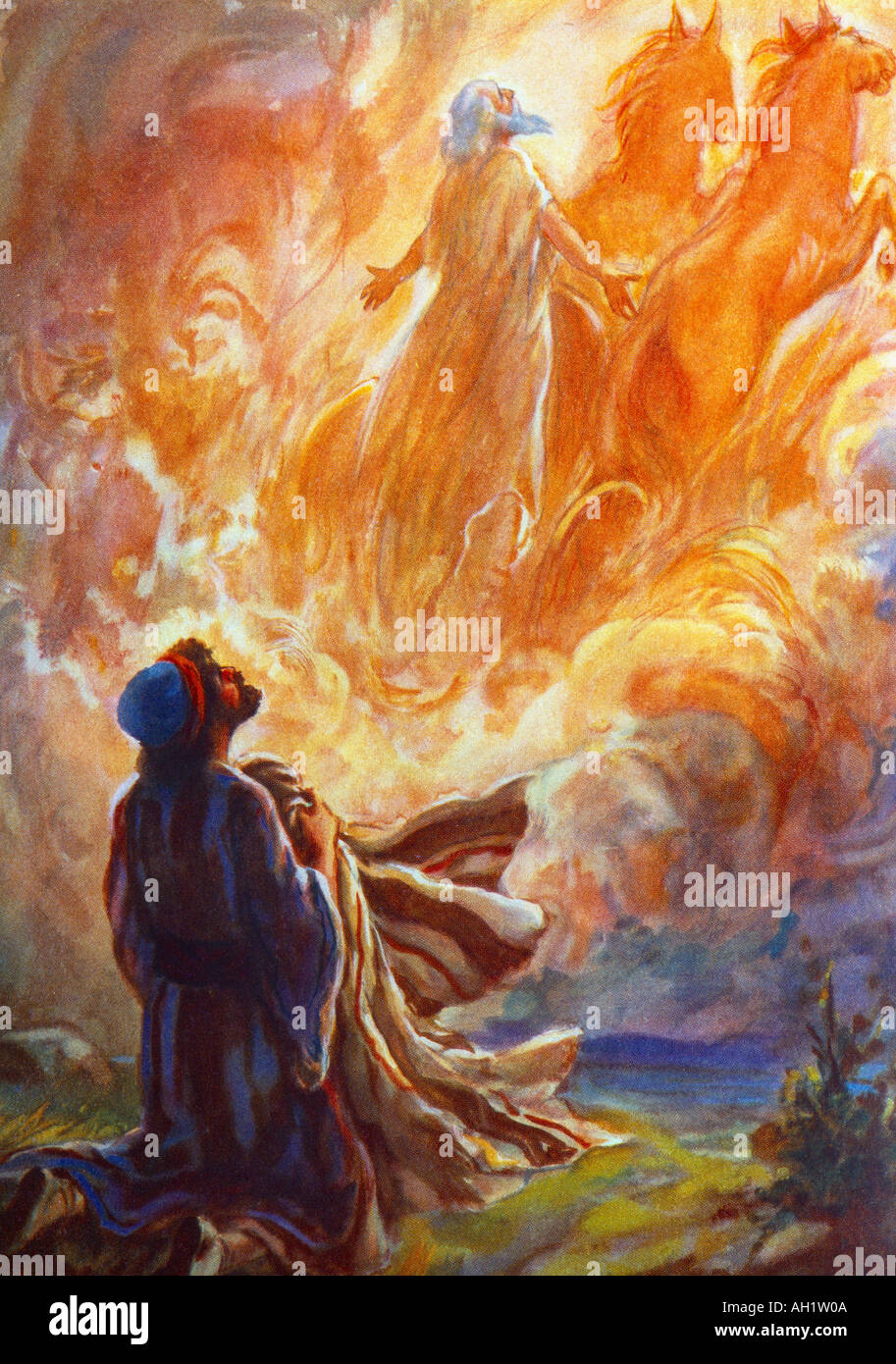 Eliseo vede Elia girata verso il cielo nella pittura di Fiery Chariot di Henry Coller Bible Story 1953 dal Vecchio Testamento e Nevi'im Foto Stock