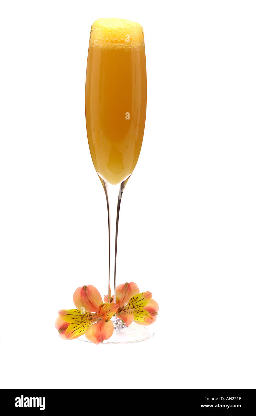 Un cocktail di mimosa con orchid stagliano su sfondo bianco Foto Stock