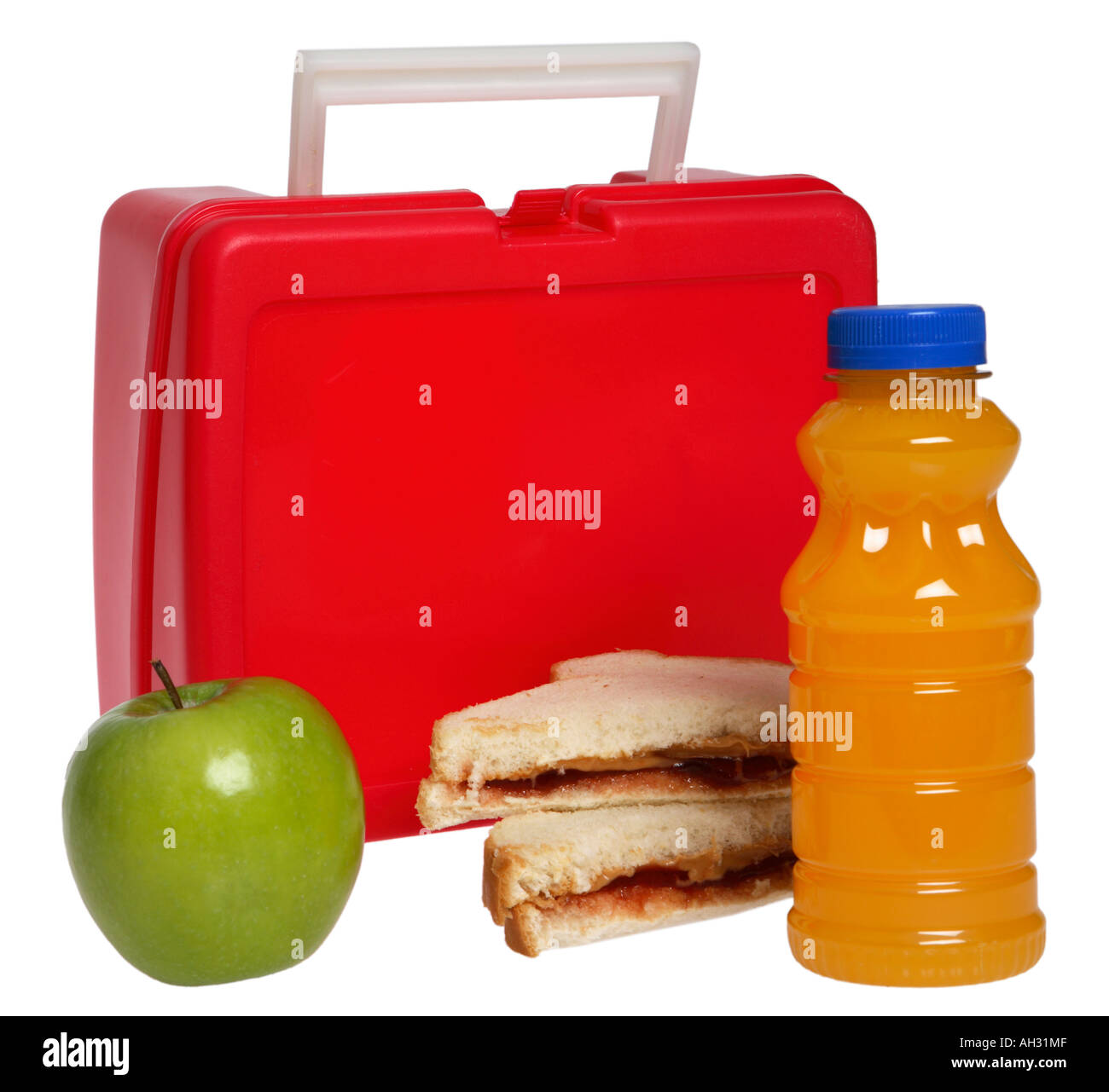 Scuola scatola di pranzo con sandwich, apple e succo di frutta. Foto Stock