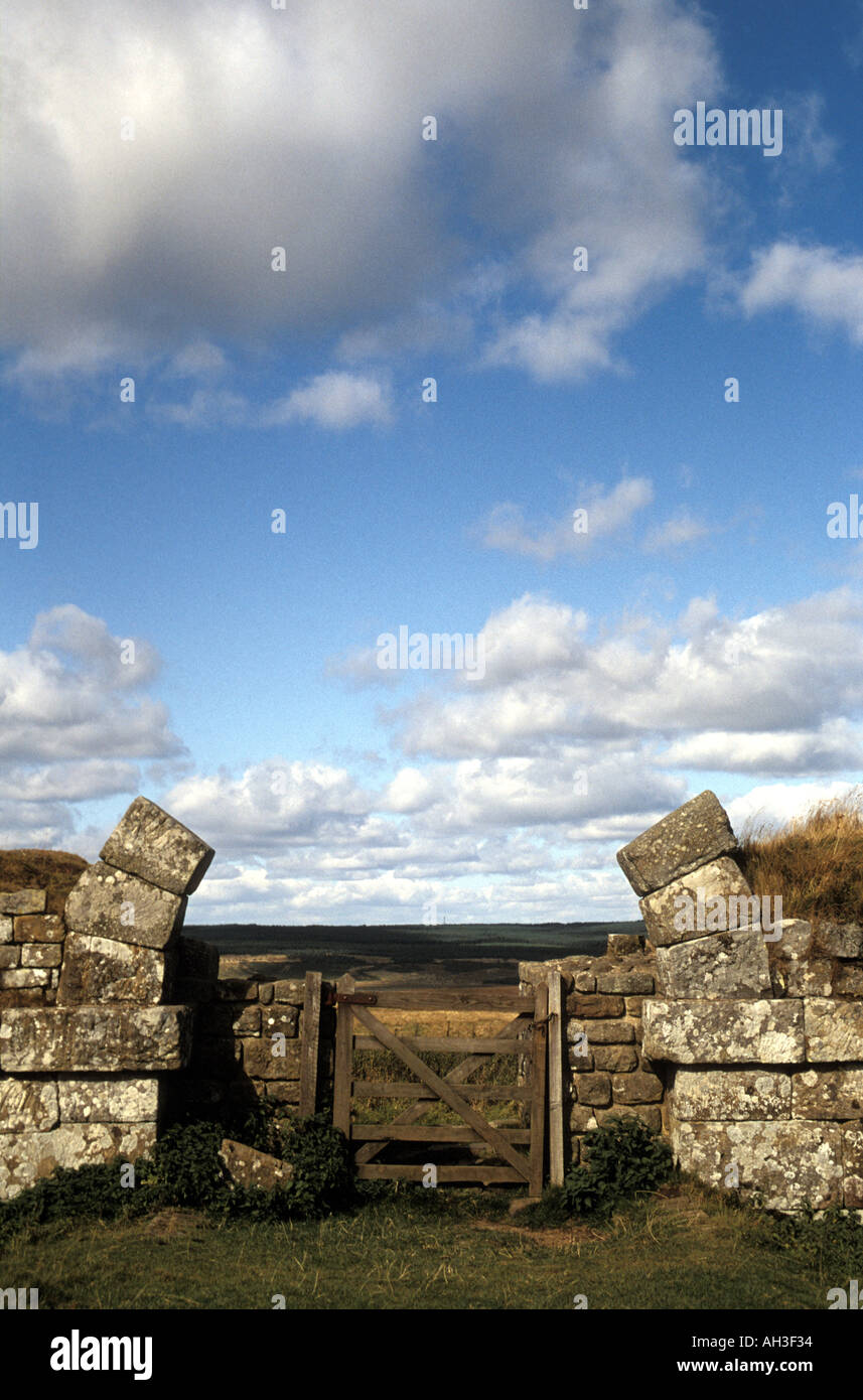 Porta nord del Milecastle 37 parete di Adriano nei pressi di Housesteads Fort con cielo blu e nuvole dietro Foto Stock