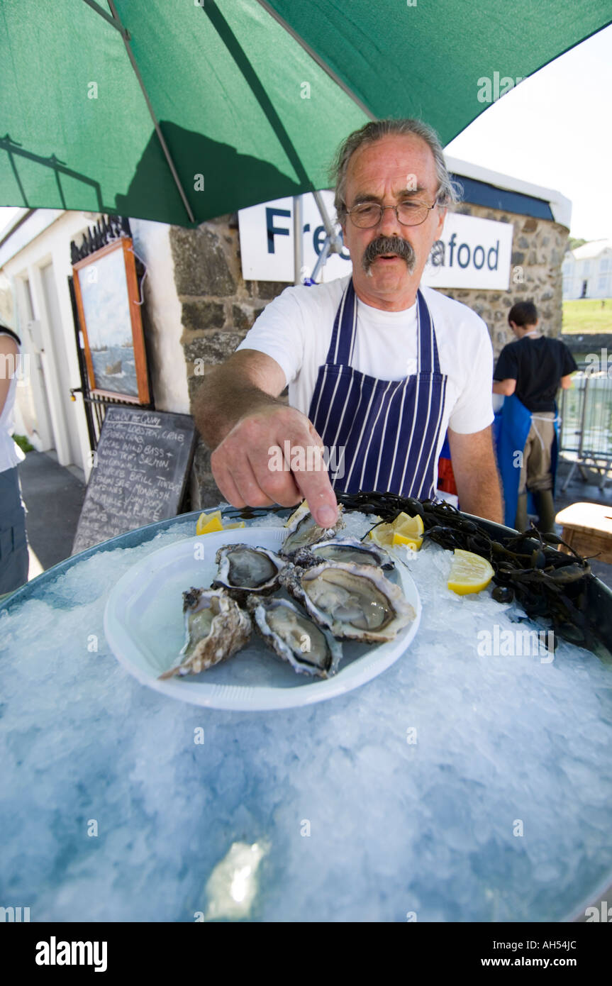 Vendita stallholder piatto di ostriche fresche sulla banchina del festival di frutti di mare Ceredigion Aberaeron Cymru Wales Foto Stock