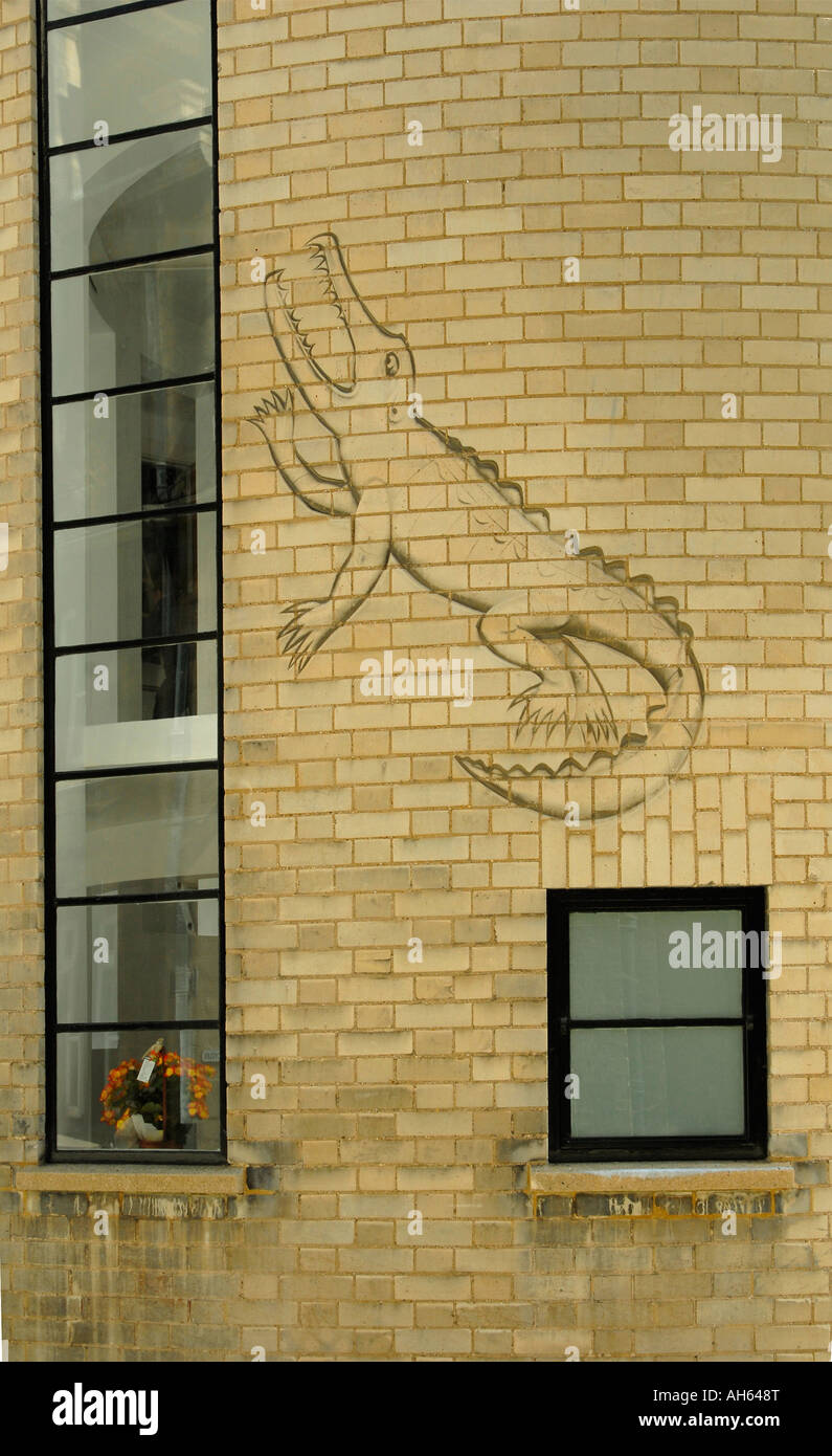 Il carving da Eric Gill di un coccodrillo - eventualmente che rappresentano "il grande sconosciuto' - su un muro vicino alla vecchia cavendish labs Foto Stock
