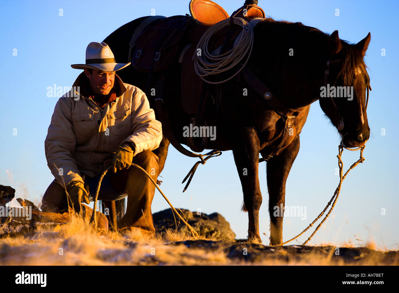 Uomo maturo inginocchiato con un cavallo accanto a lui Foto Stock