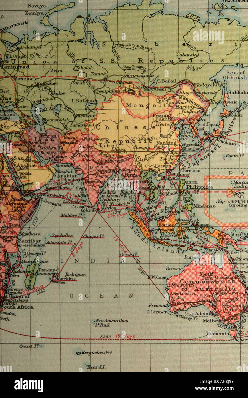 AAD71460 Mappa del mondo che mostra Asia Oceano Indiano India Foto Stock