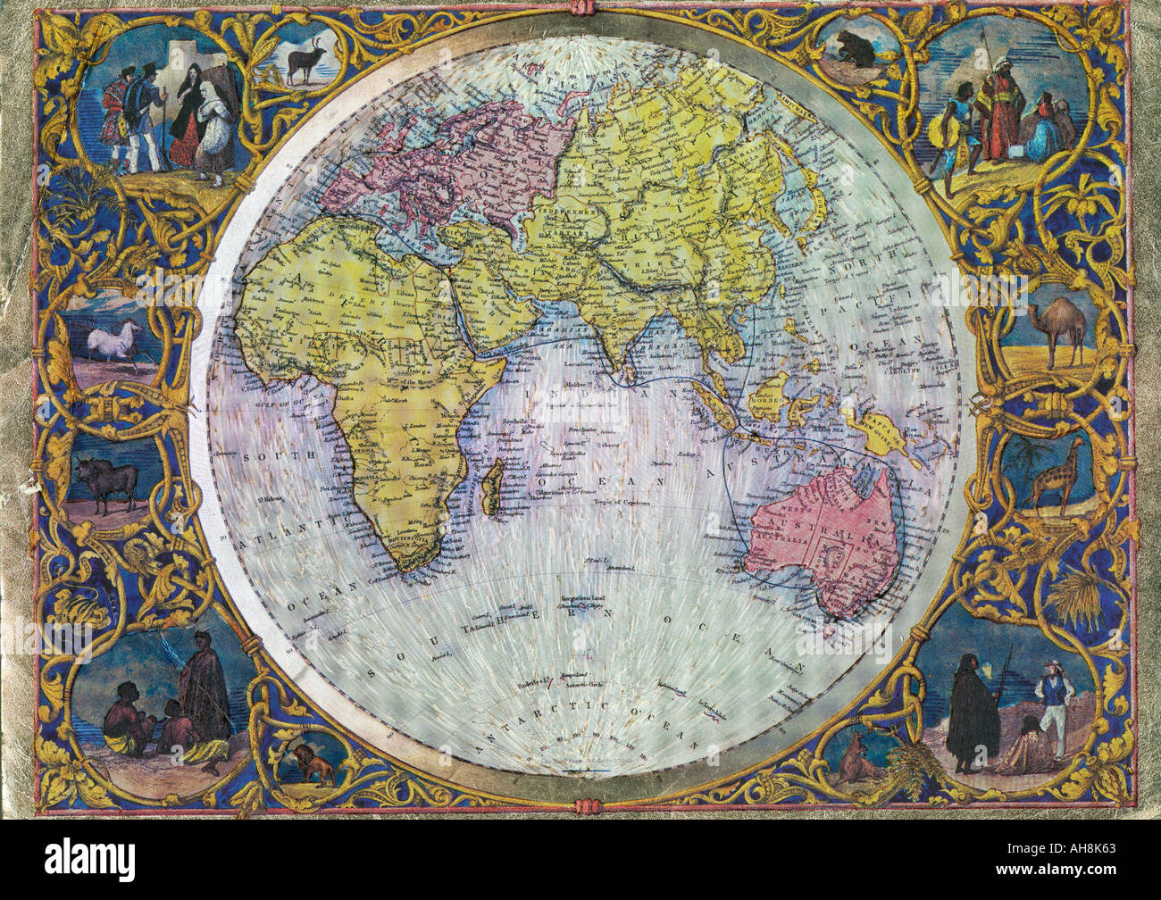 Del vecchio mondo che mostra Mappa Asia Africa Australia Oceano Indiano India Foto Stock