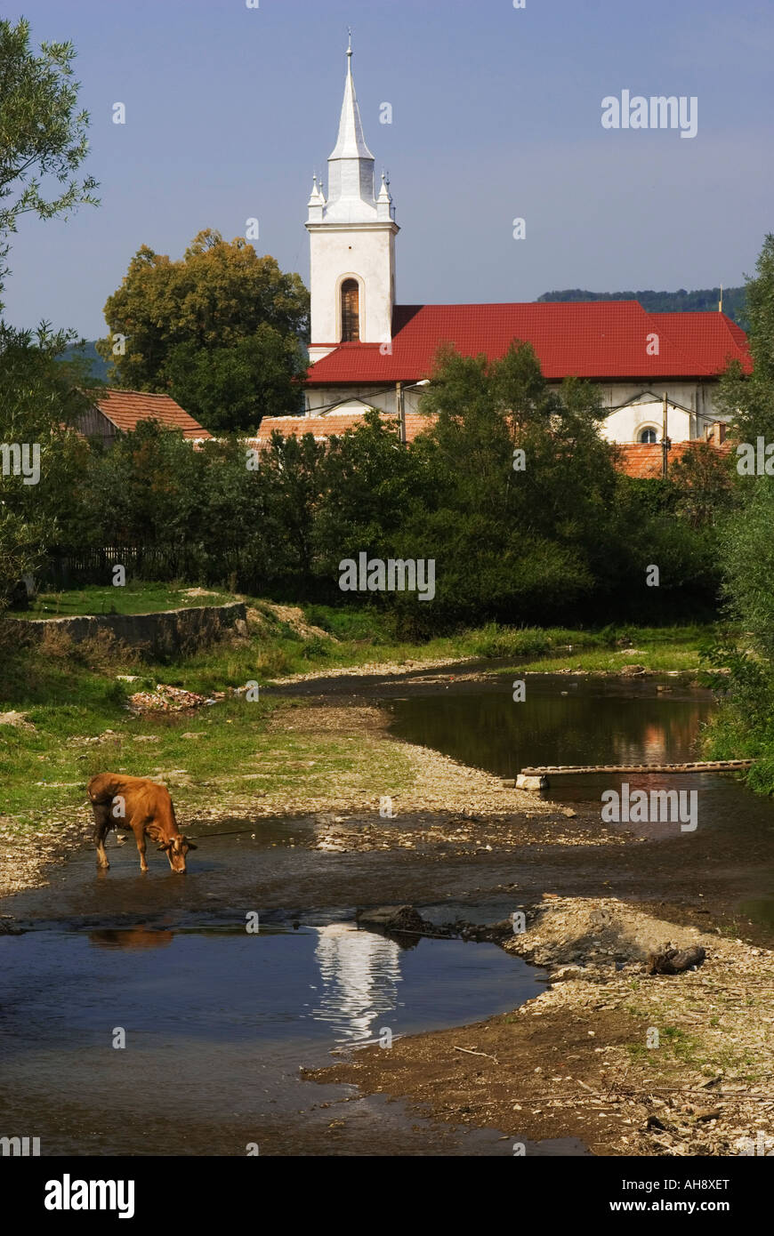 Chiesa nel piccolo villaggio nei pressi di Zarnesti, Romania Foto Stock