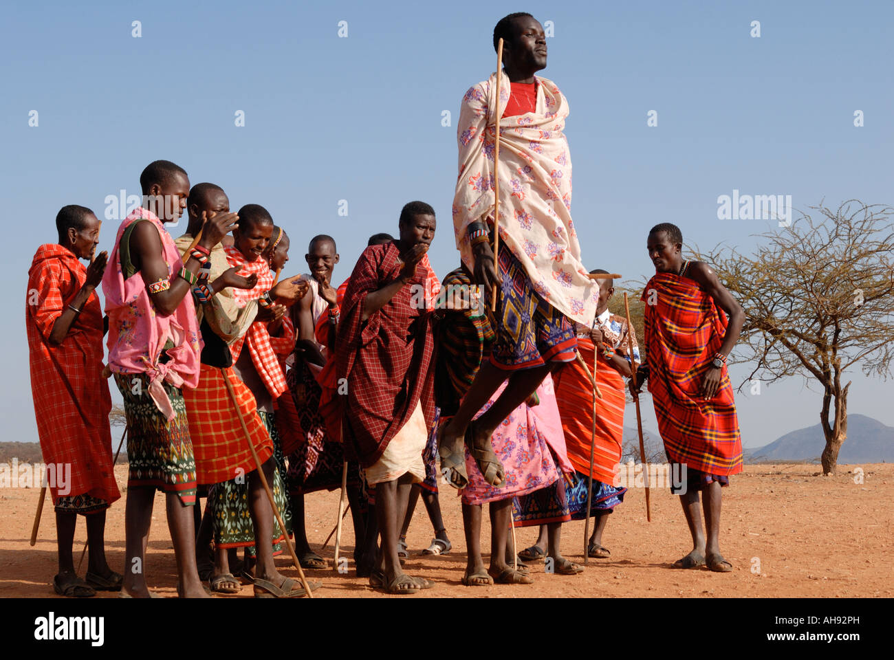 Un gruppo di Samburu uomini ballando e saltando nei pressi di Samburu Riserva nazionale del Kenya Africa orientale Foto Stock