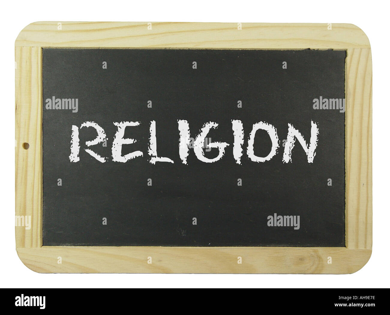 Chalk scheda con l'etichetta religione simbolo per l apprendimento scolastico e istruzione Foto Stock