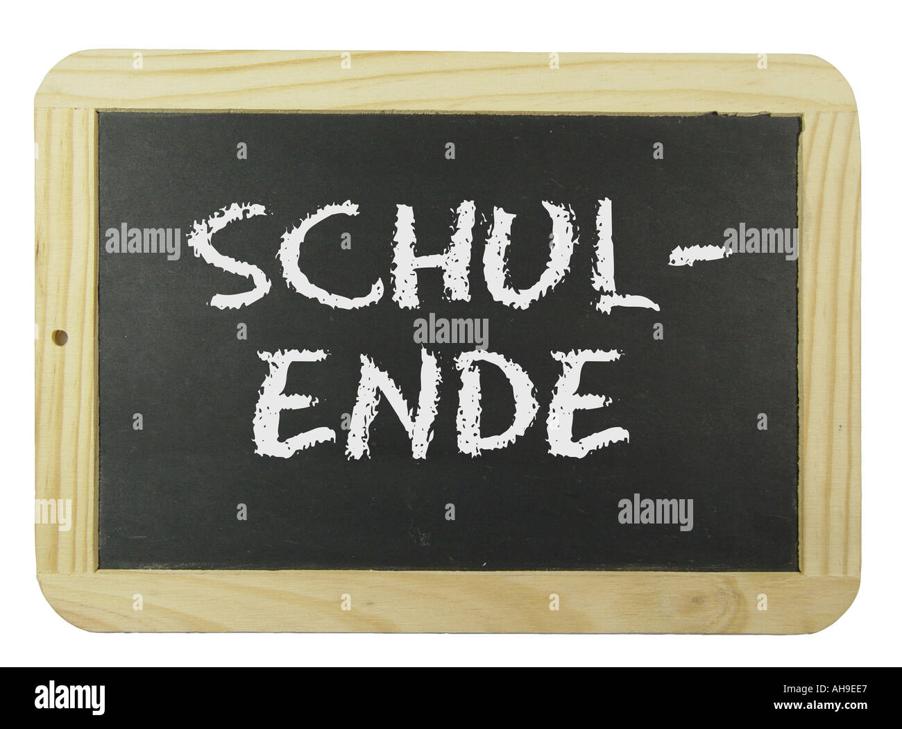 Chalk scheda con l'etichetta scuola simbolo di fine per la scuola formazione e istruzione Foto Stock