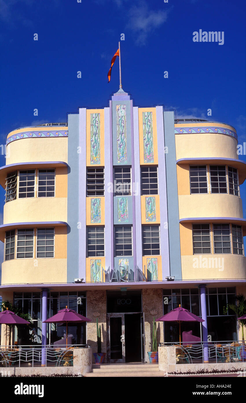 USA Florida South Beach Miami facciata Art Deco dell'Hotel Marlin Foto Stock