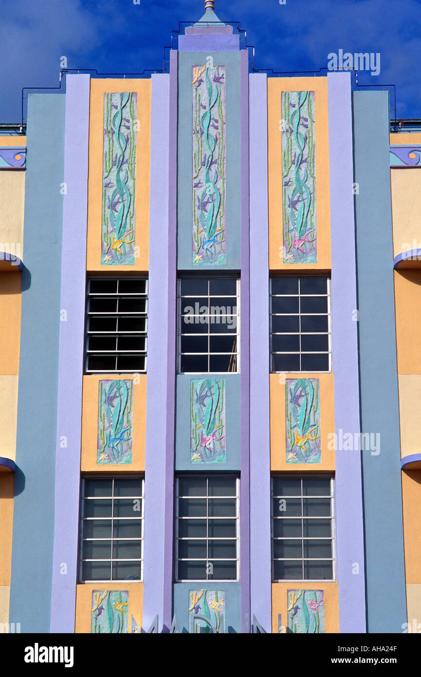 USA Florida South Beach Miami facciata Art Deco dell'Hotel Marlin Foto Stock