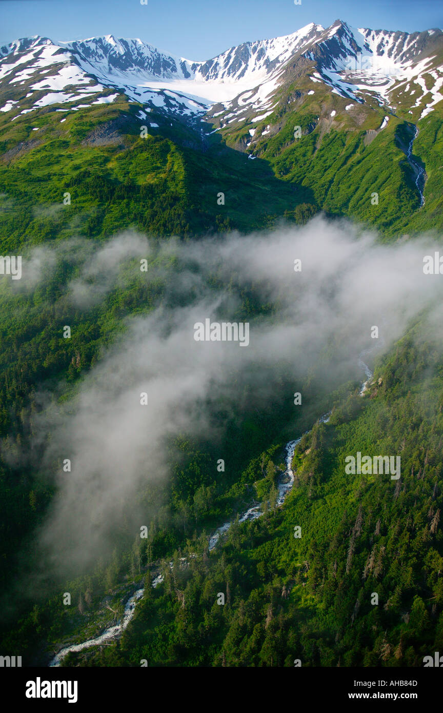 Montagne lungo la risurrezione della valle del fiume il parco nazionale di Kenai Fjords foto aerea della Penisola di Kenai Alaska Foto Stock
