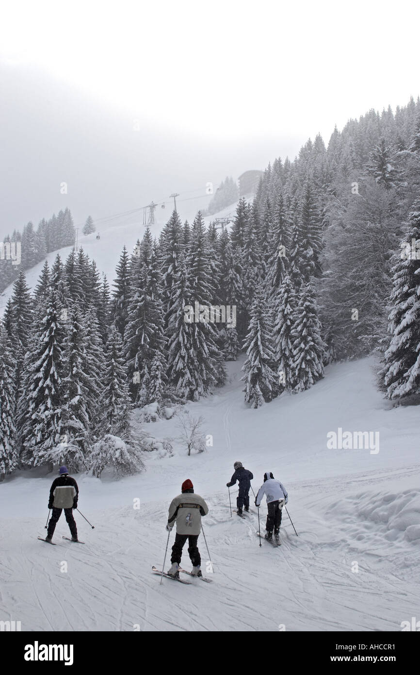 La gente lo sci attraverso la neve fresca con alberi di pino in sport invernali ski area resort di Morzine Haute Savoie sulle alpi francesi Francia Foto Stock