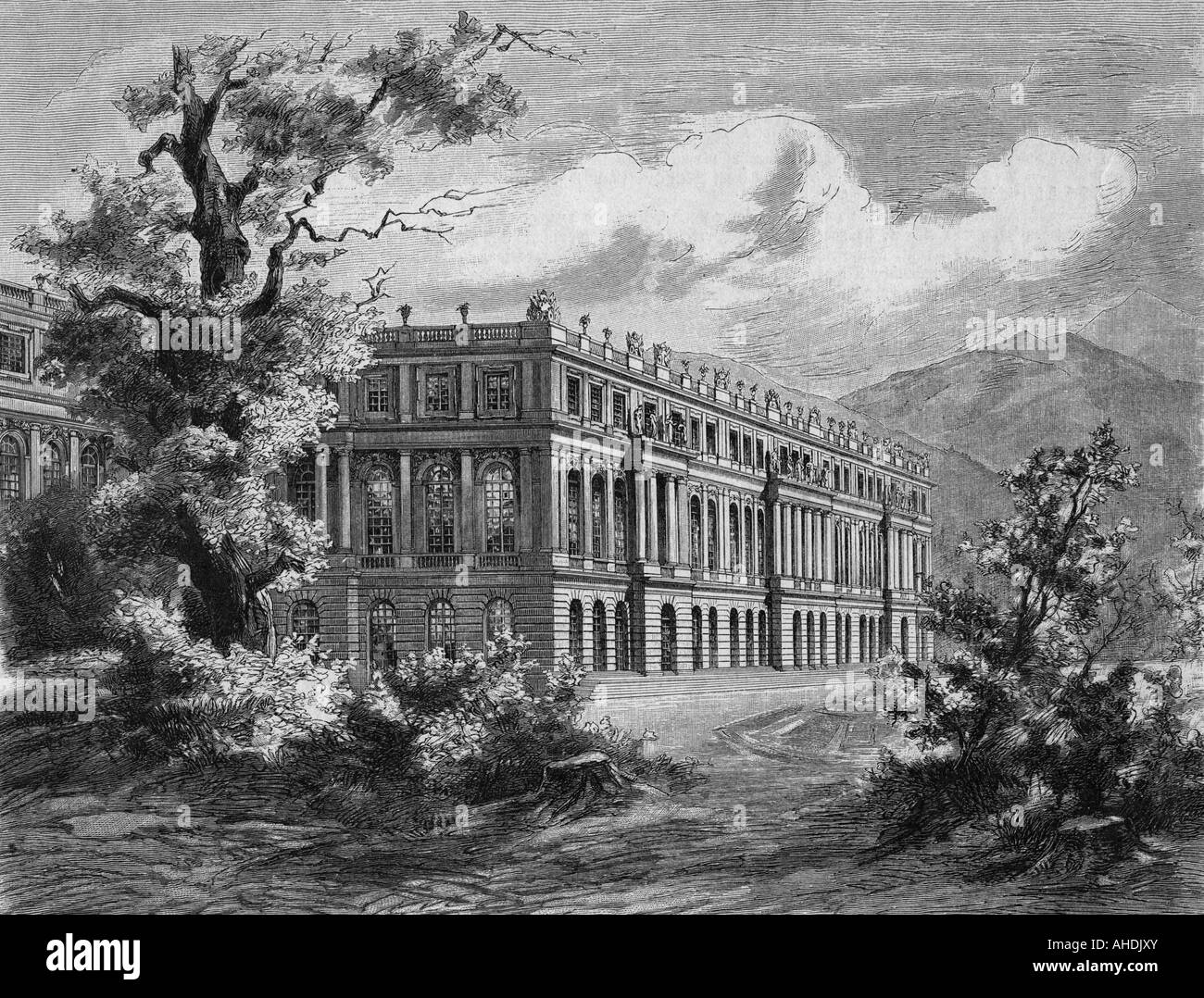Architettura, castelli, Germania, Baviera, castello Herrenchiemsee, costruito 1878 - 1885 da Georg Dollmann e Julius Hofmann, vista esterna, incisione dopo disegno di Emil Beer, re Luigi II, Herreninsel, Chiemsee, 19th secolo, storico, storico, Ludwig, Foto Stock