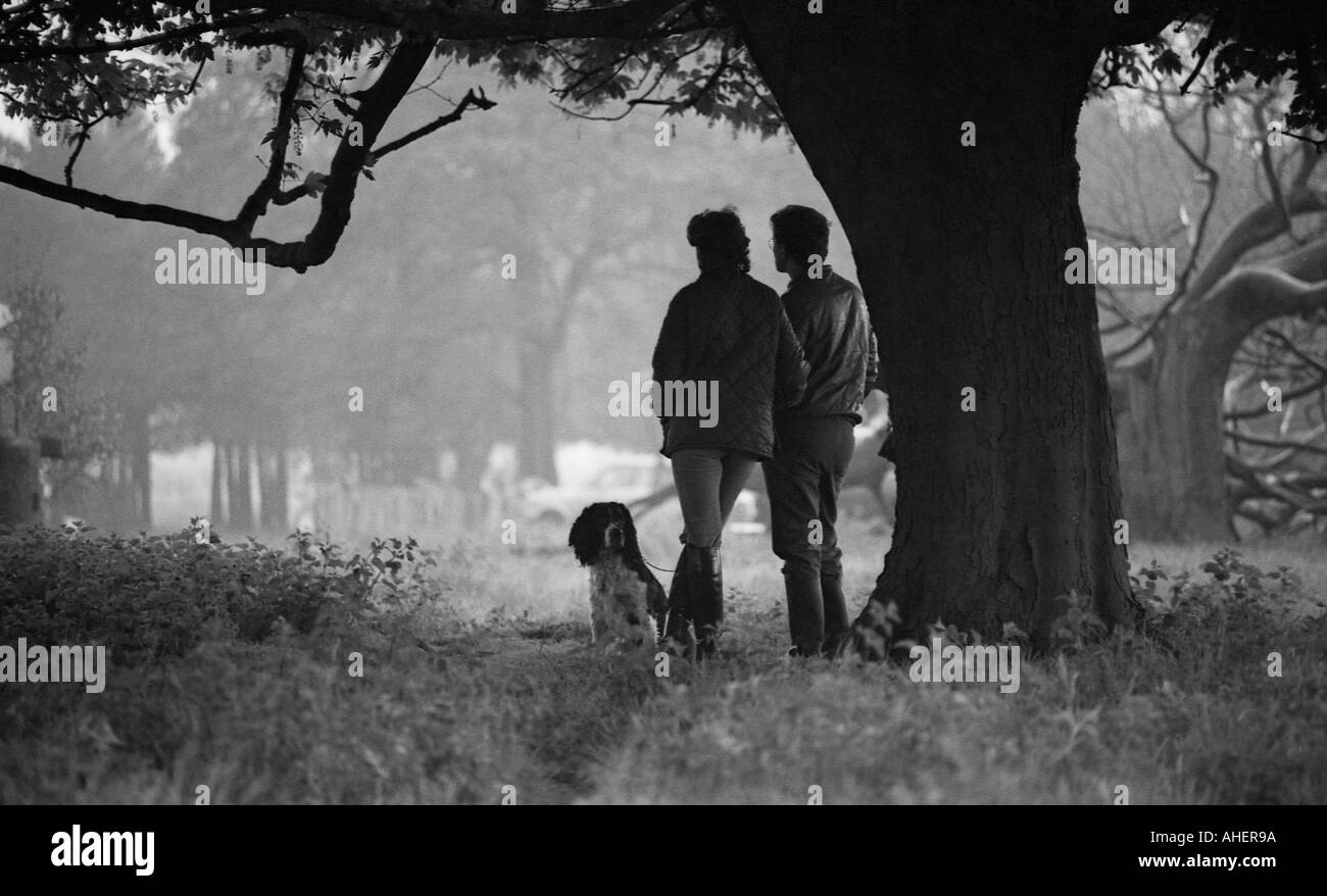 Donna Uomo e cane il ricovero sotto un albero da una doccia di pioggia Foto Stock