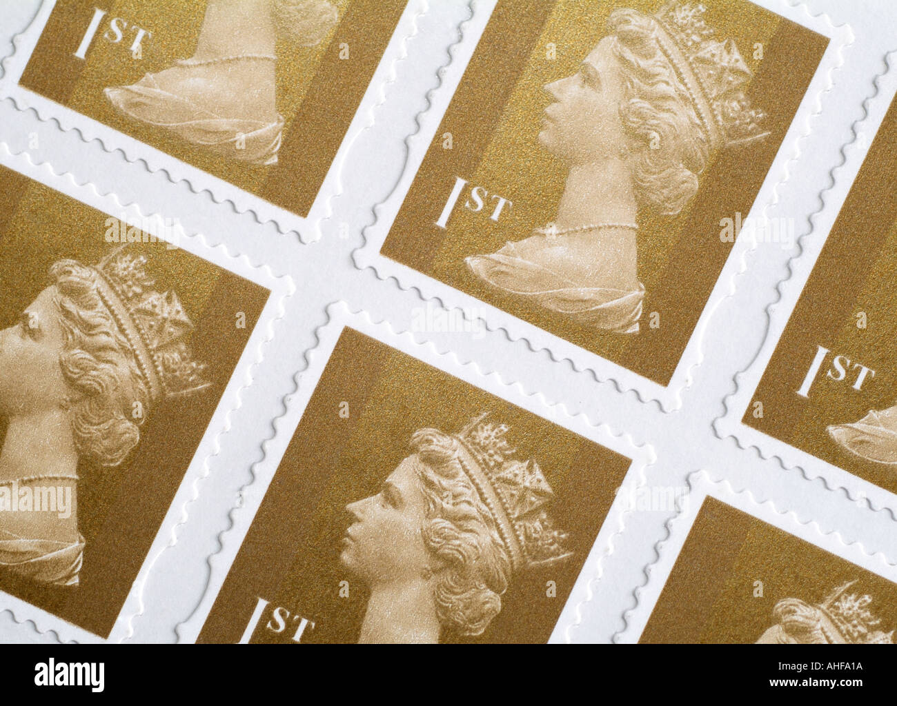 Regno Unito Prima Classe Francobolli, vicino. Foto Stock