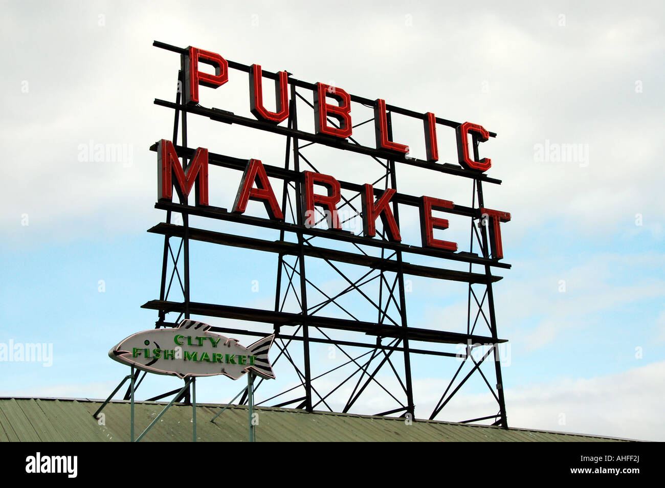 Il Pike Place Market pubblica segno, Seattle, Stati Uniti d'America Foto Stock