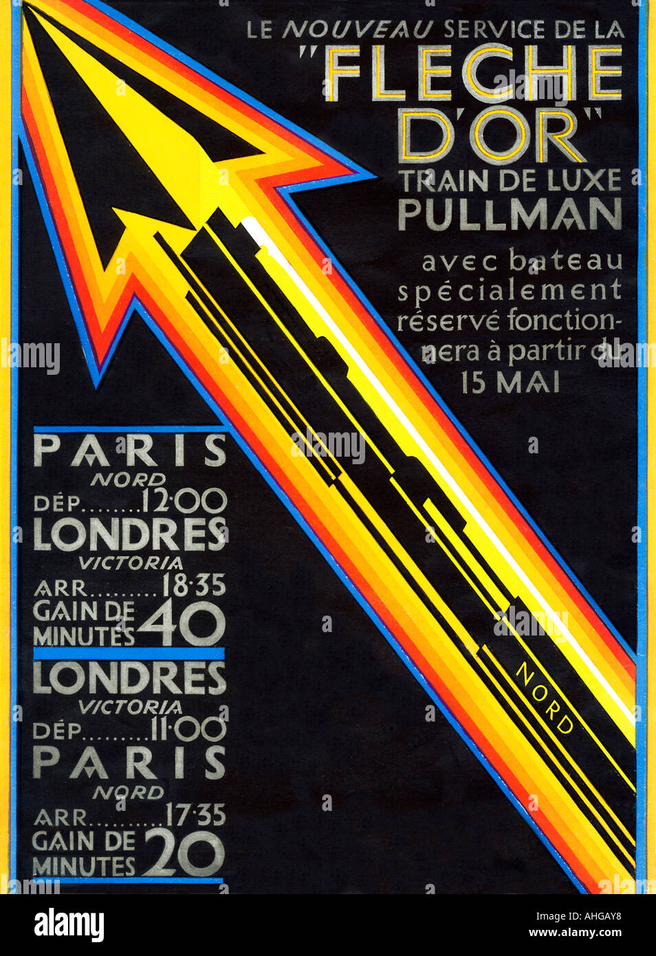 Fleche DOr Pullman 1929 poster francese per la migliorata da Londra a Parigi service con treno e barca a 6 ore e 35 minuti Foto Stock