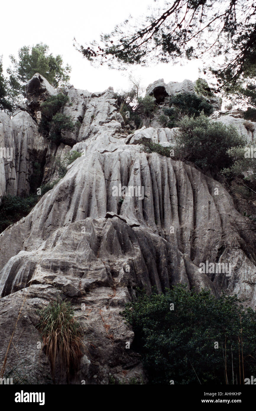 Rocce calcaree accanto alla strada a Sa Colobra, Spagna, Maiorca, Sierra de Tramuntana Foto Stock