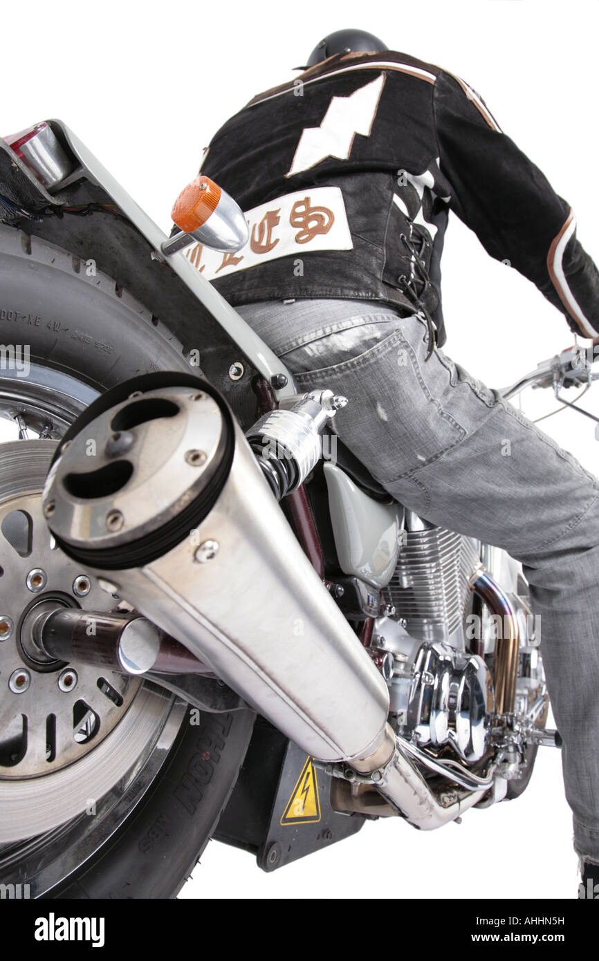 Harley Davidson driver con la sua bici del motore Foto Stock