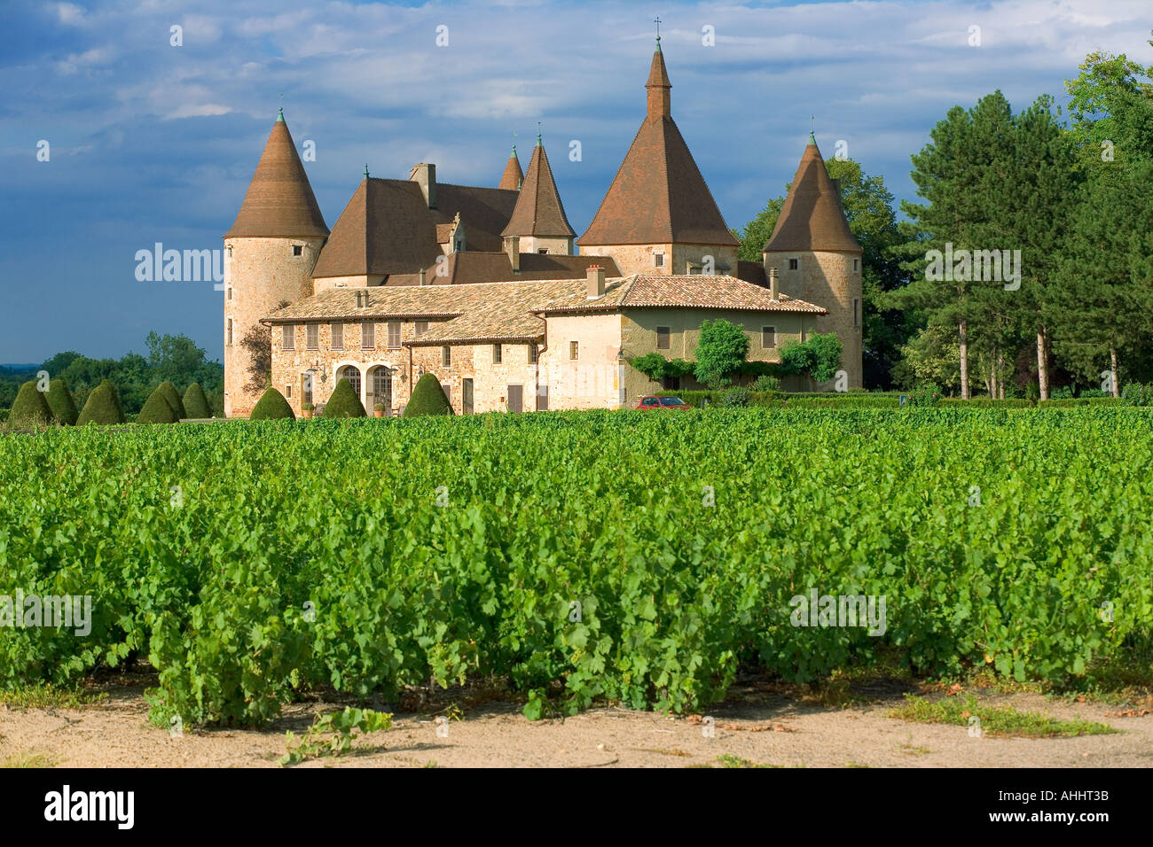 Vigneto e 'Corcelles' castello del XV secolo il vino Beaujolais paese Francia Foto Stock