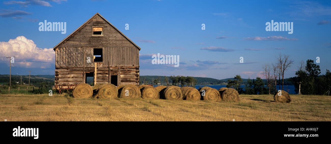 Canada Columbia Britannica vecchio fienile e balle di fieno a 108 Mile Ranch Heritage Site vicino alla città di 100 Mile House Foto Stock