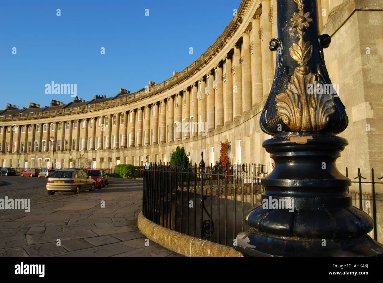 The Royal Crescent from Royal Victoria Park at Sunset, Bath, Somerset, England, United Kingdom Foto Stock