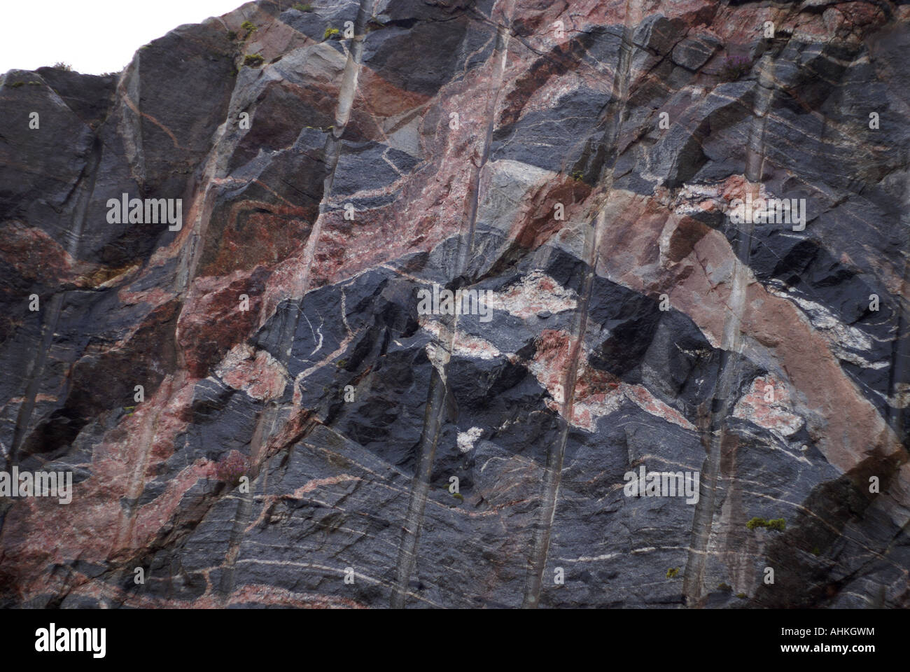 Dettaglio dalla strada il taglio che mostra Loch Laxford granito dyke fogli intralciato gneiss Foto Stock