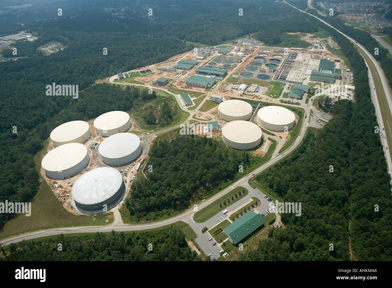 Foto aerea di impianto di trattamento delle acque Foto Stock