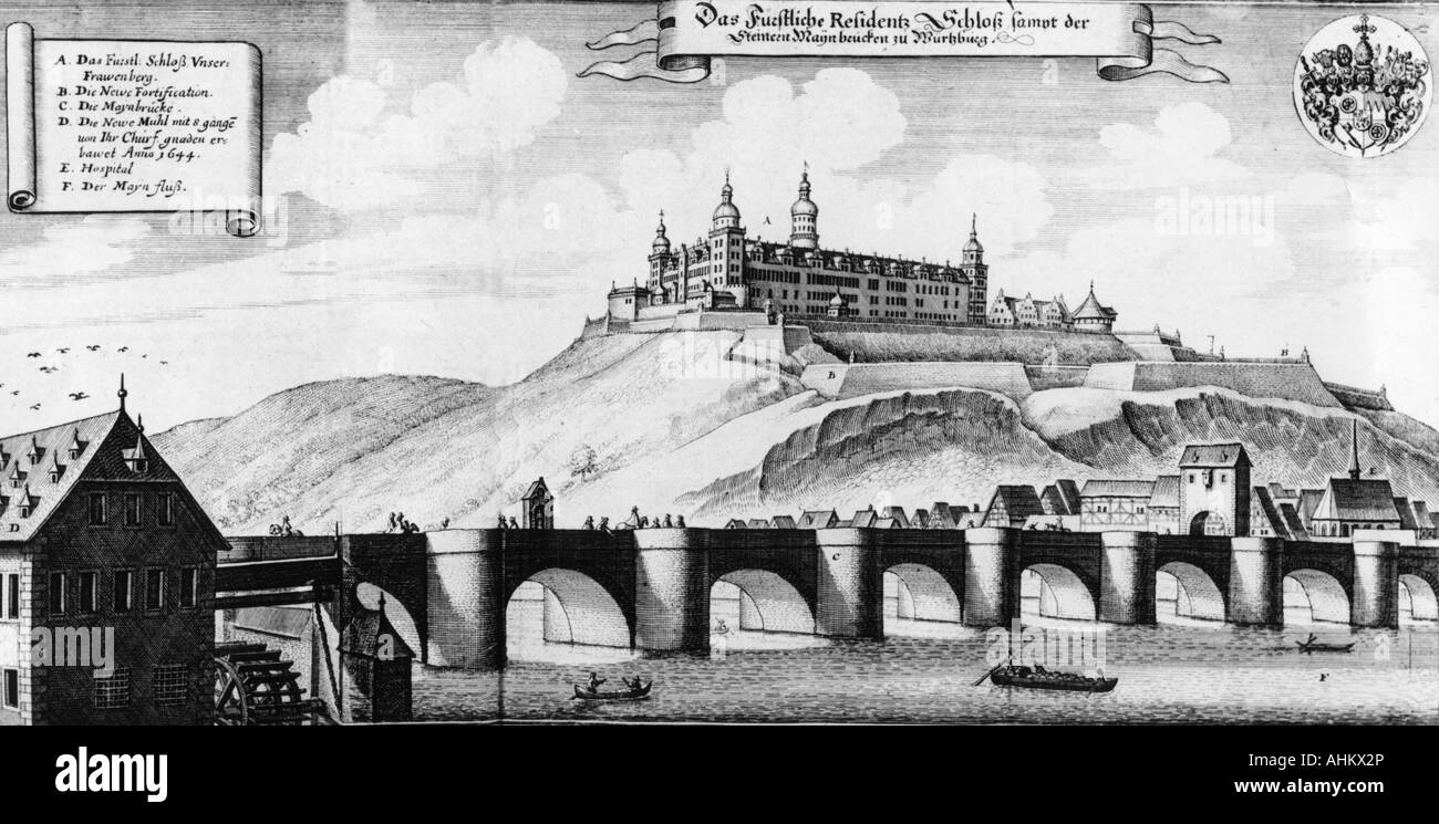 Geografia/viaggio, Germania, Würzburg, Ponte Vecchio, fortezza Mareinberg sullo sfondo, vista, incisione, fine del 17th secolo, fiume, residenza del vescovo, castello, Baviera, Bassa Franconia, Patrimonio mondiale Dell'Unesco, storico, storico, popolo, Foto Stock