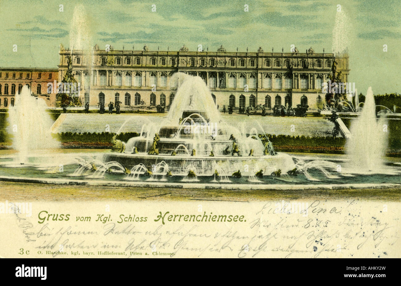 Architettura, castelli, Germania, Baviera, castello Herrenchiemsee, costruito 1878 - 1885 da Georg Dollmann e Julius Hofmann, vista esterna, circa 1880, ritratto colorato portcard, stampato 1902, re Luigi II, fontana, Herreninsel, Chiemsee, 20th secolo, storico, Ludwig, 1900s, Foto Stock