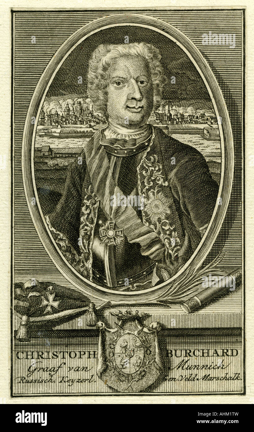 Munnich, Burkhard Christoph, conte di, 19.5.1683 - 16.10.1767, Tedesco - Russo maresciallo, ritratto, incisione di Johann Martin Bernigeroth, XVIII secolo, artista del diritto d'autore non deve essere cancellata Foto Stock