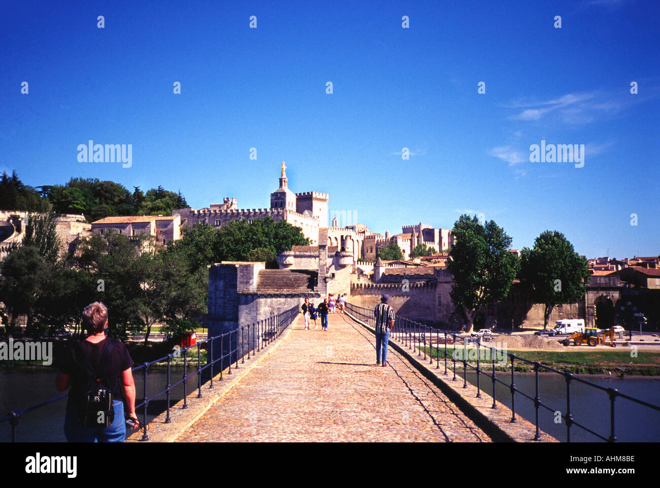 Le vecchie mura della città di Avignone visto dai resti del ponte sul Rodano Francia Europa Foto Stock