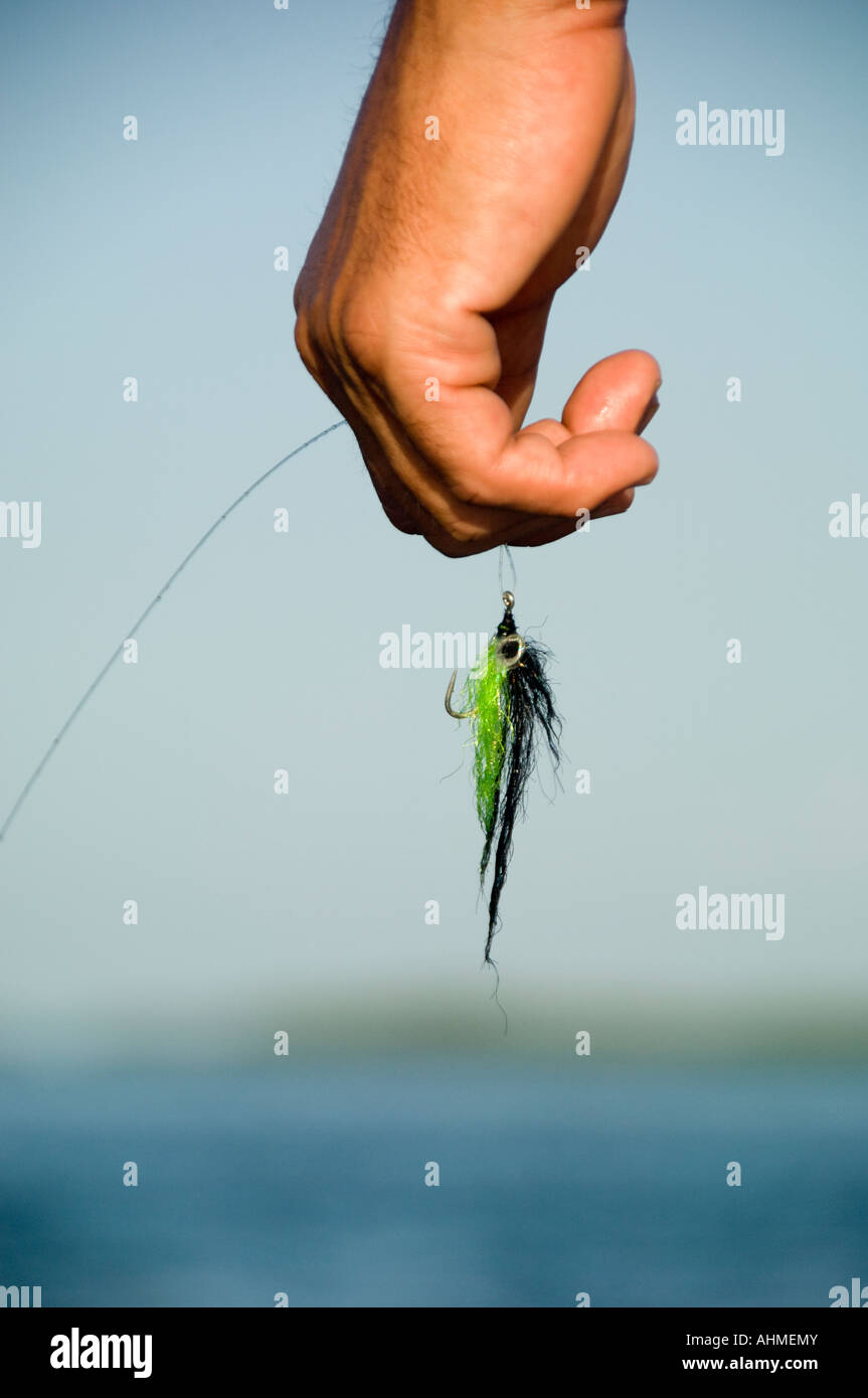 Florida Keys Close up fly- fisherman holding volare in mano mentre fly- con attività di pesca nell'oceano dei Caraibi Foto Stock