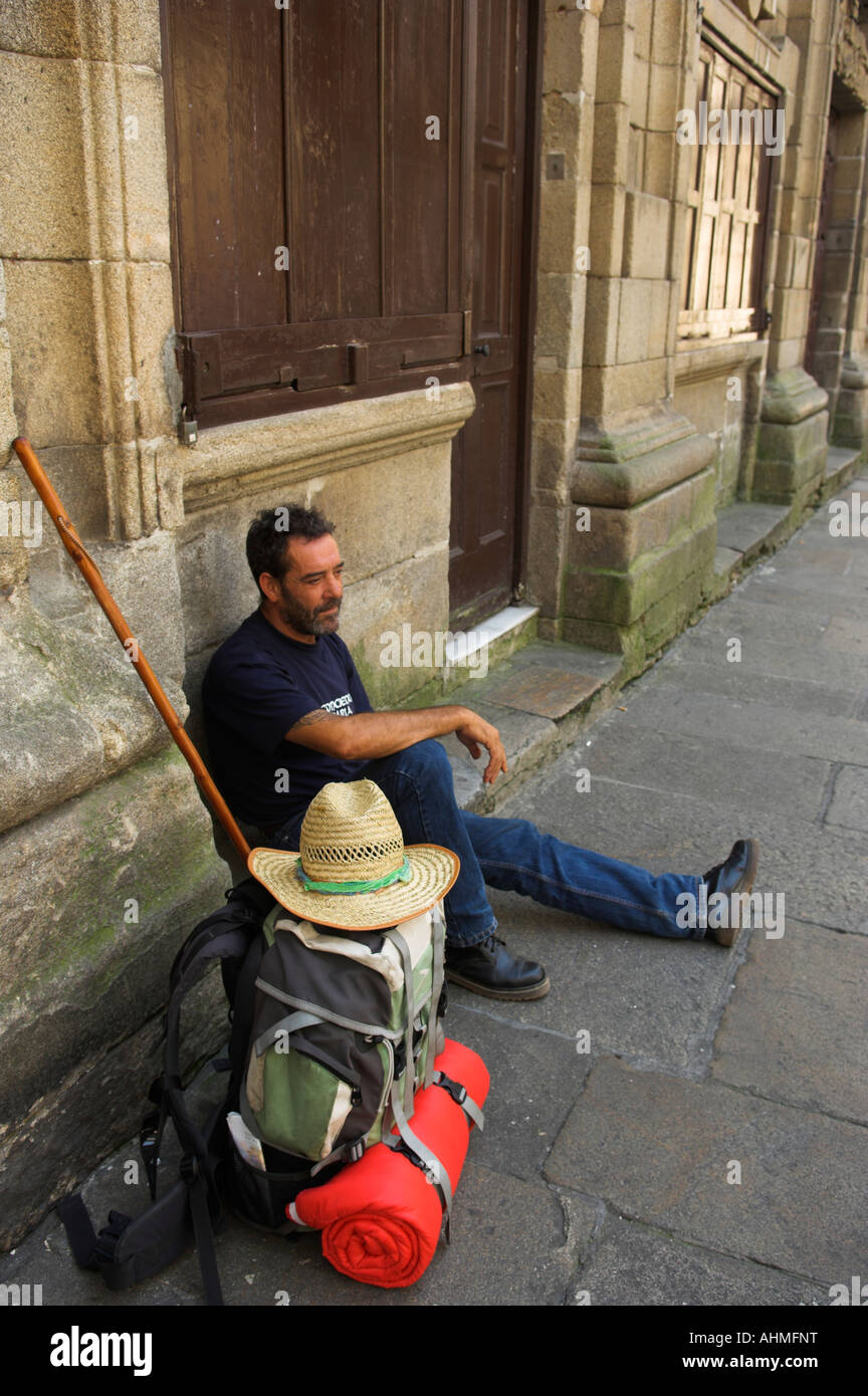 Pellegrino backpacker Santiago de Compostela Galizia Spagna Foto Stock