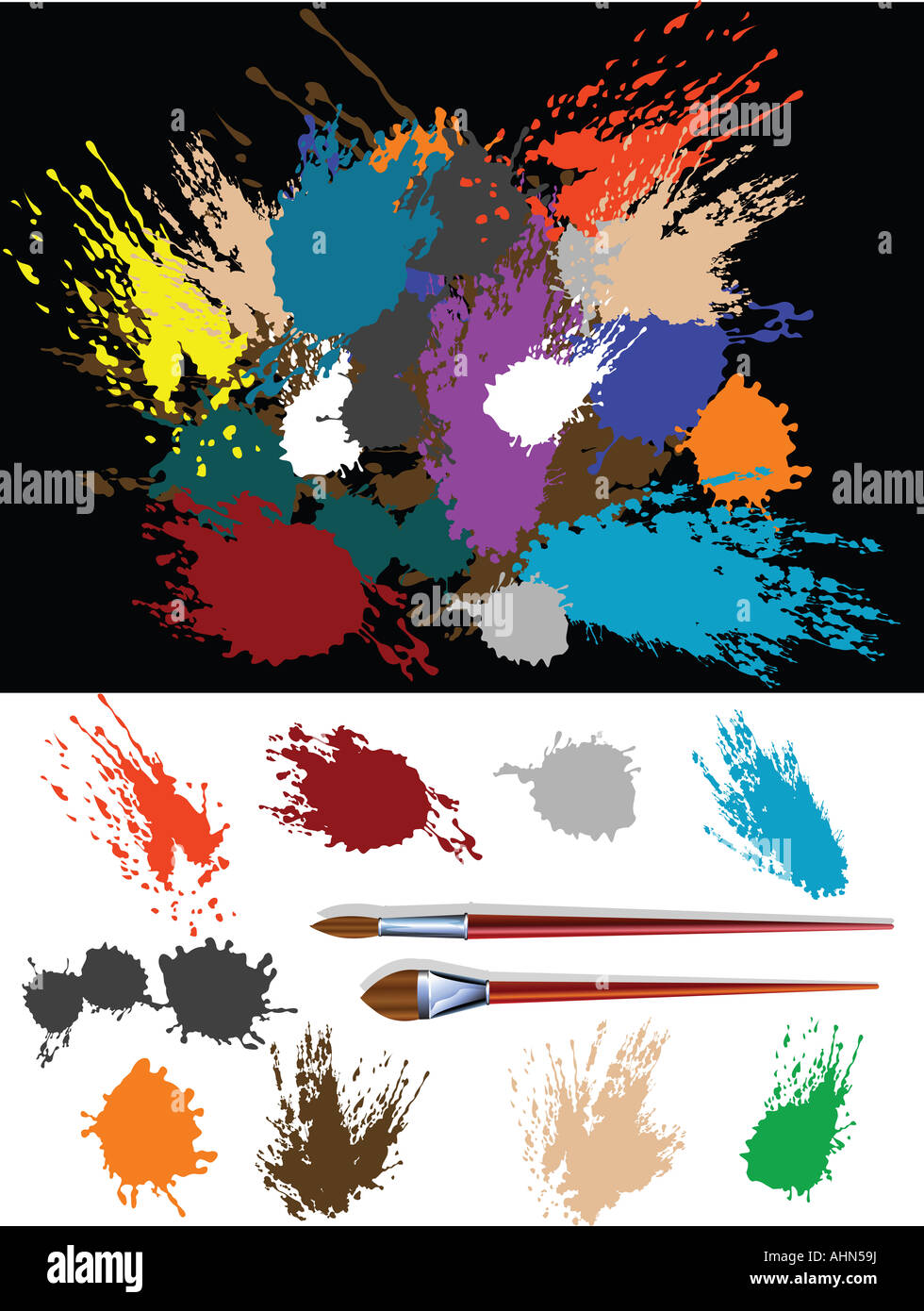 Questi sono colorate splats silhouette e due spazzole Foto Stock