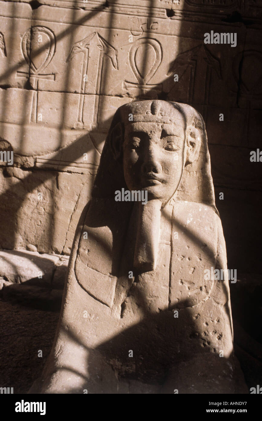 Egitto, di Edfu, il Tempio di Horus, statua e intagli nei pressi di ingresso alla libreria. Foto Stock