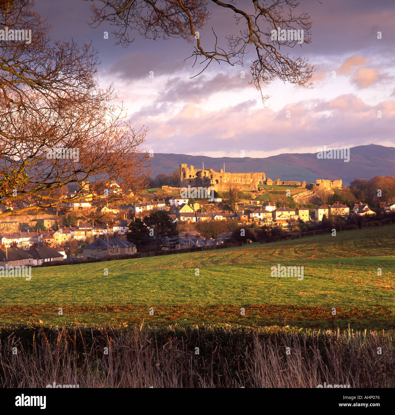 Il castello di Denbigh e le colline gallesi, Denbigh, Denbighshire, Galles del Nord Foto Stock