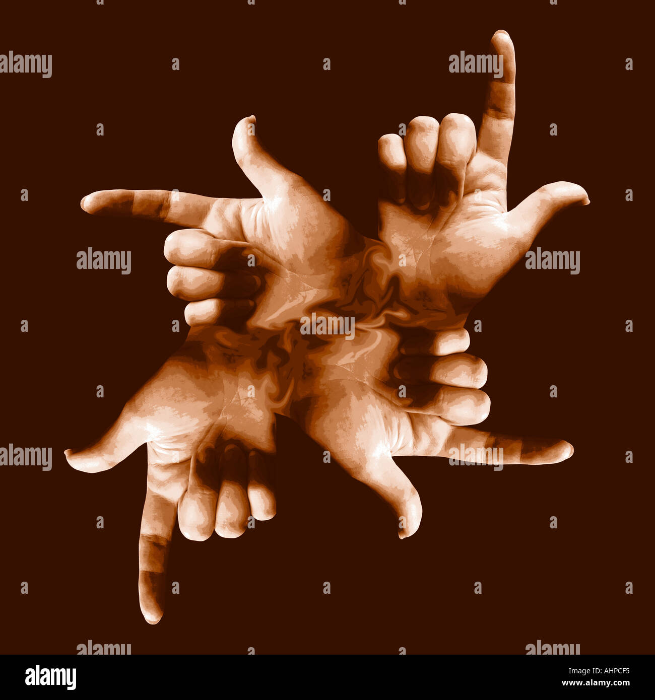 Collage di quattro mani di puntamento digitalmente versione fusa in sfumature di marrone Foto Stock