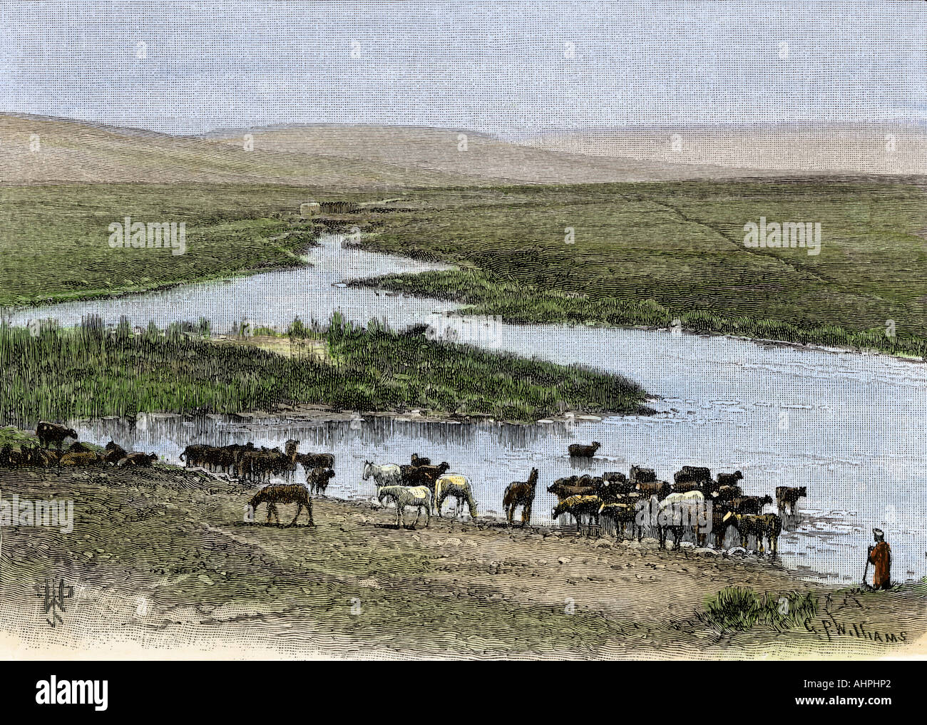 Herder abbeveraggio cavalli e bestiame nel fiume Giordano dove esce dal mare di Galilea. Colorate a mano la xilografia Foto Stock