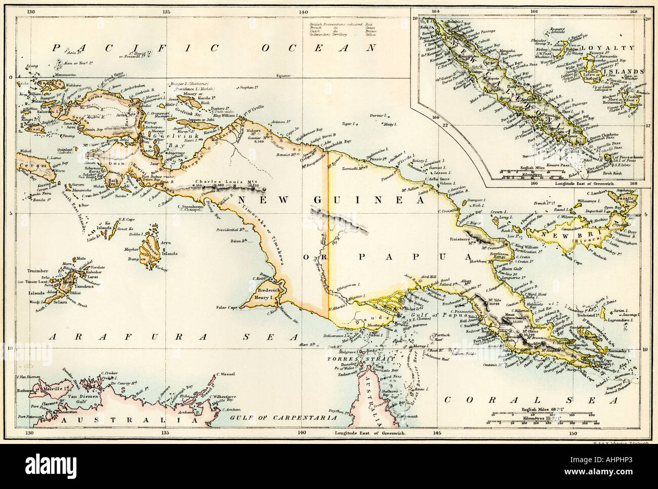 Mappa di Papua Nuova Guinea e Nuova Caledonia 1870s. Litografia a colori Foto Stock