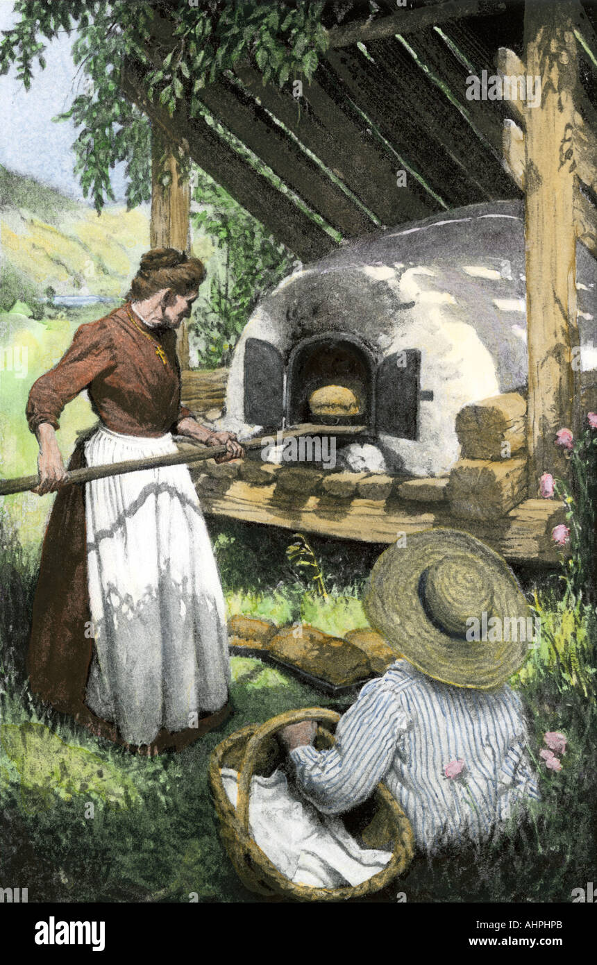 Francese canadese donna la cottura del pane in un forno esterno in Quebec circa 1900. Colorate a mano di mezzitoni una illustrazione Foto Stock