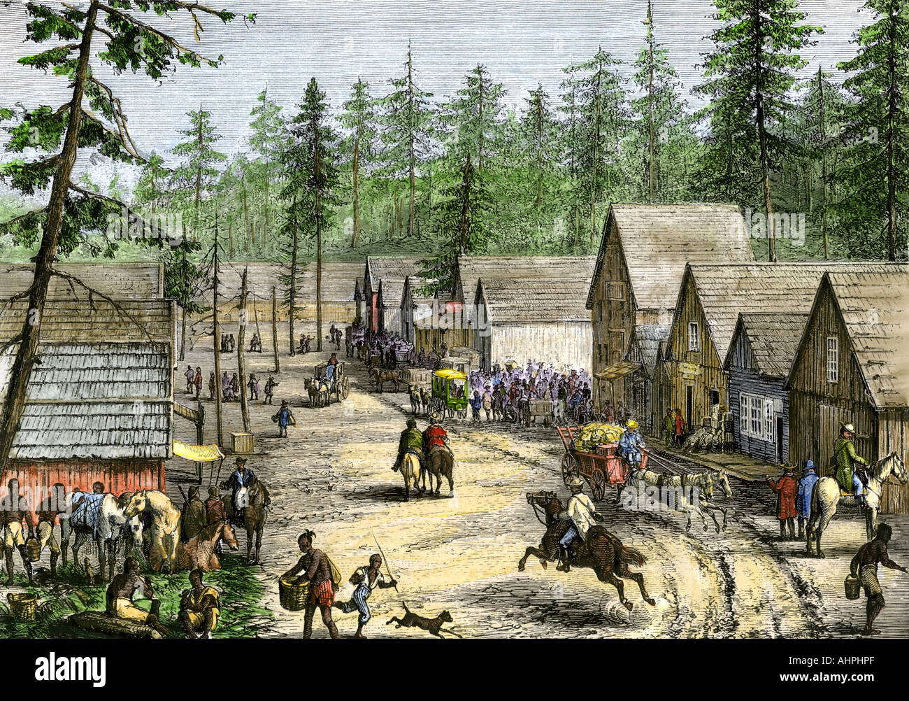 I nuovi coloni in una città di frontiera nel nord-ovest del Pacifico 1800s. Colorate a mano la xilografia Foto Stock