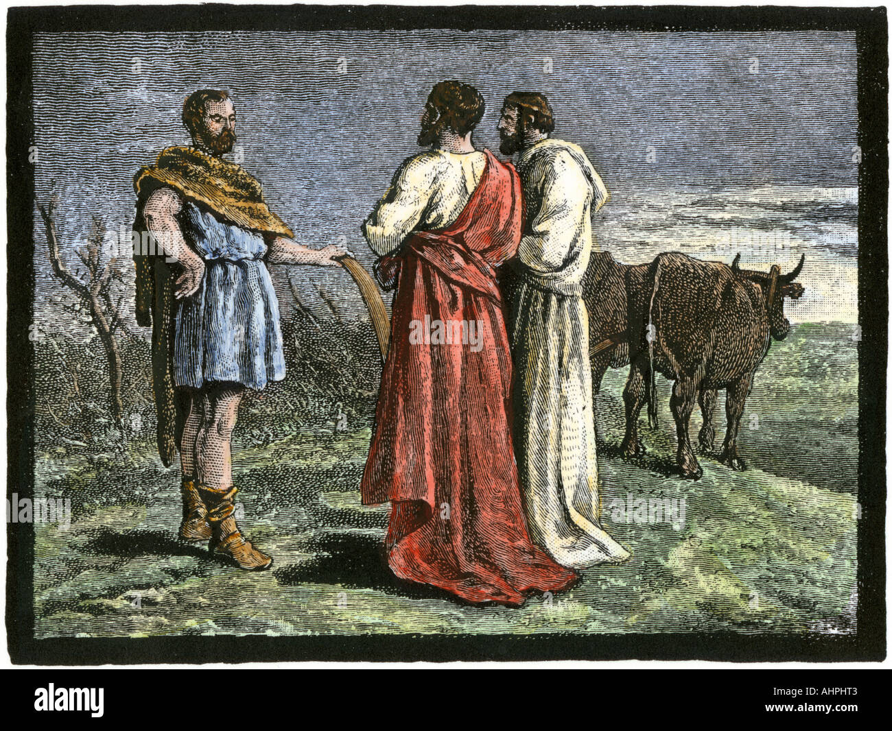 Cincinnatus sulla sua azienda accettando la dittatura di Roma dal Senato 458 BC. Colorate a mano la xilografia Foto Stock