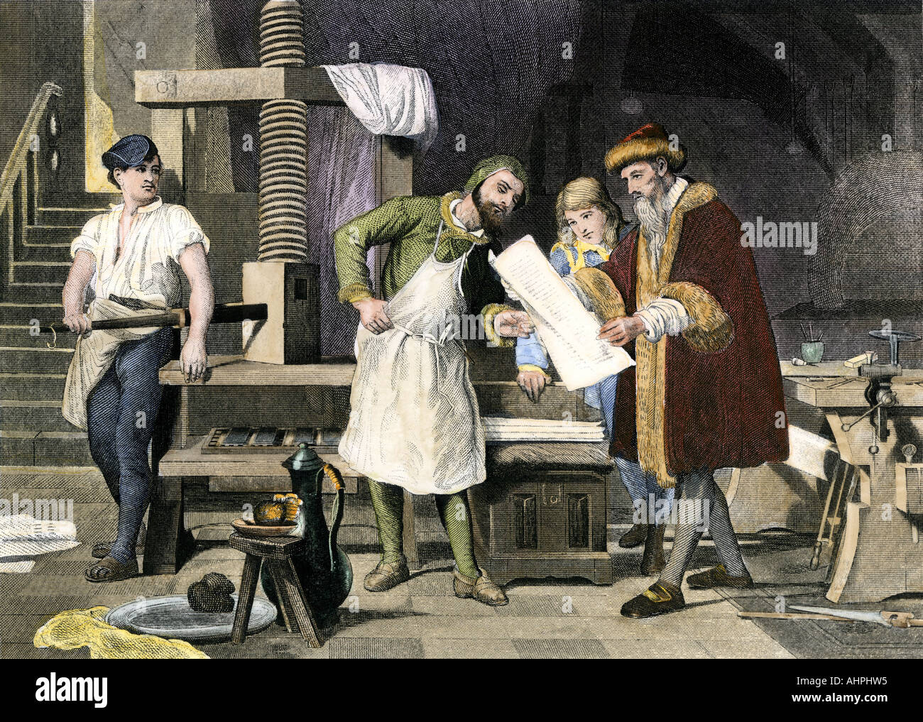 Johann Gutenberg esaminando una prova dalla sua macchina da stampa in Mainz 1450s. Colorate a mano incisione in acciaio Foto Stock