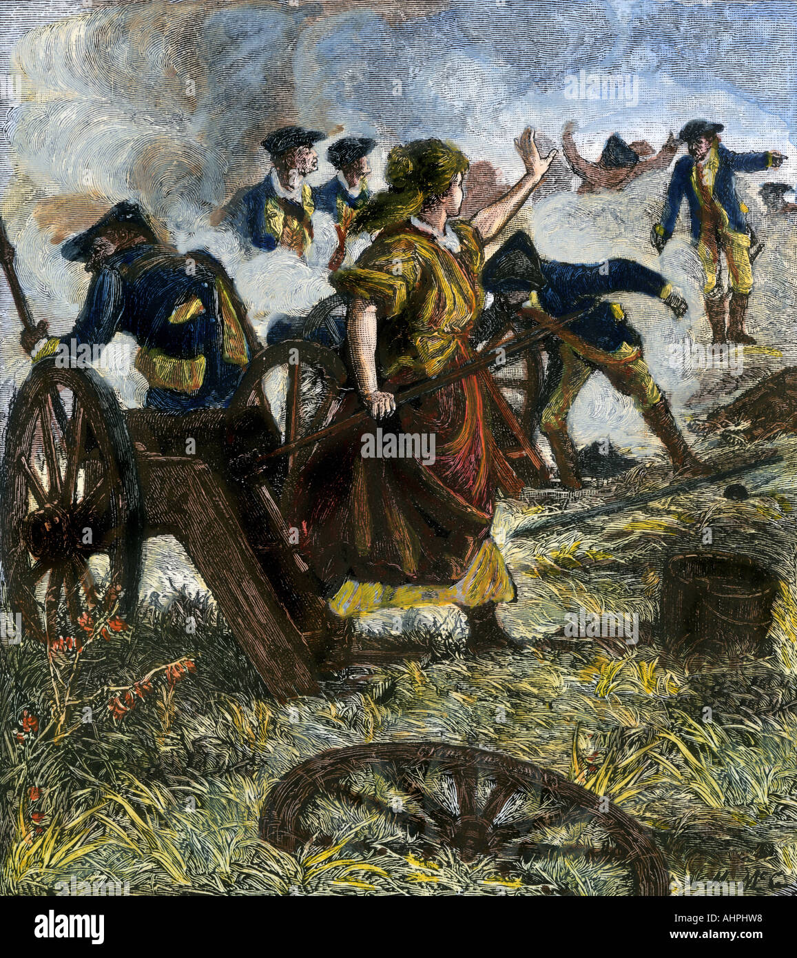 Molly Pitcher lo sparo del cannone di suo marito caduto nella battaglia di Monmouth guerra rivoluzionaria 1778. Colorate a mano la xilografia Foto Stock