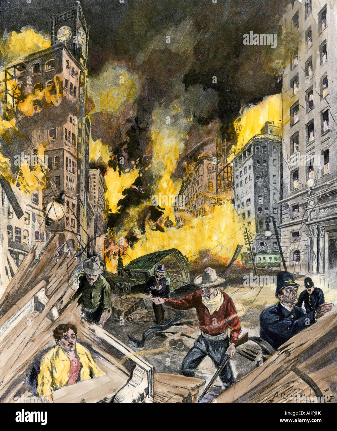 Gli incendi scoppiati in downtown San Francisco dopo il terremoto del 1906. Colorate a mano di mezzitoni una illustrazione Foto Stock