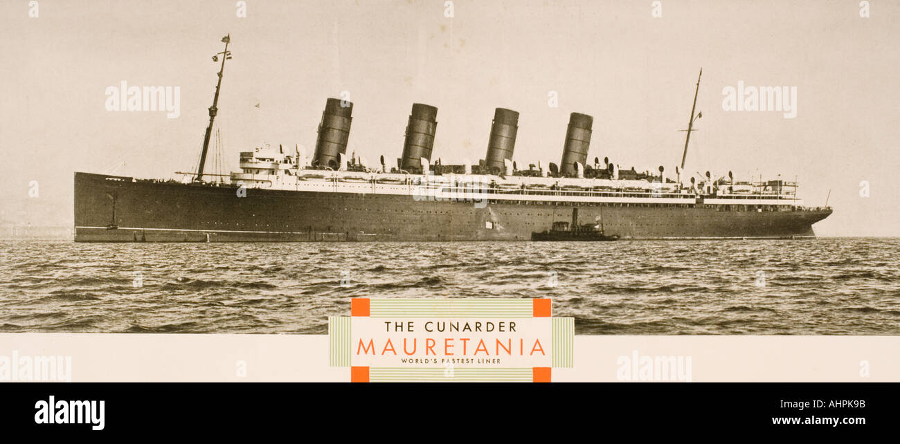 Cunard Line brochure promozionale per la Mauritania circa 1930. La più veloce del mondo la camicia al momento. Foto Stock