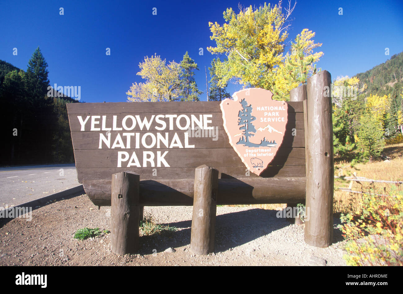 Segno per il Parco Nazionale di Yellowstone Wyoming Foto Stock